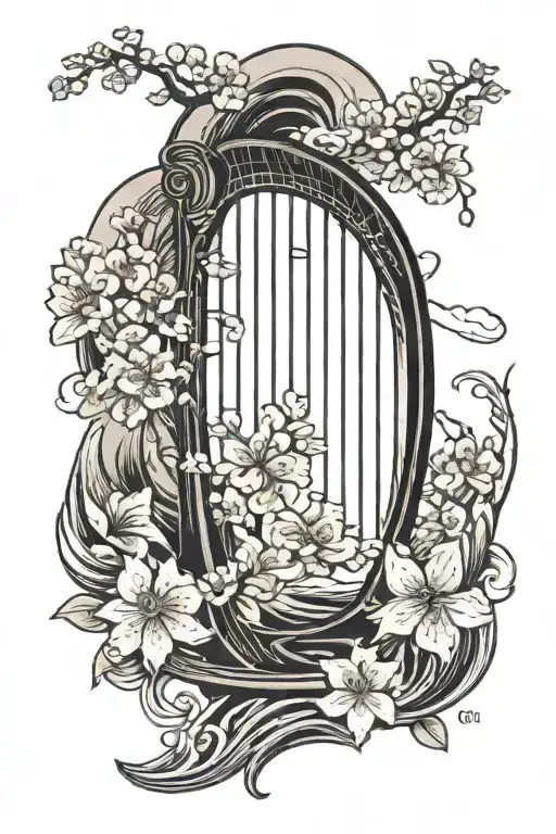 harp in front of crashing tsunami wave with cherry blossoms tattoo design idea