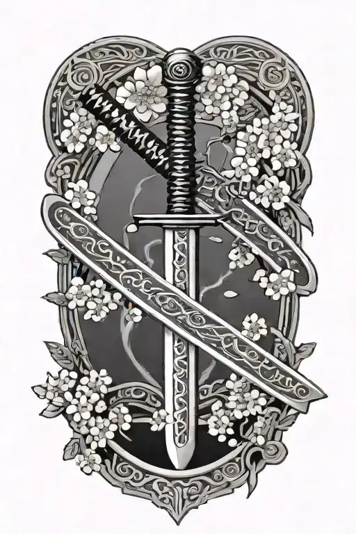Japanese Katana sword in front of harp with cherry blossoms in background  tattoo design idea
