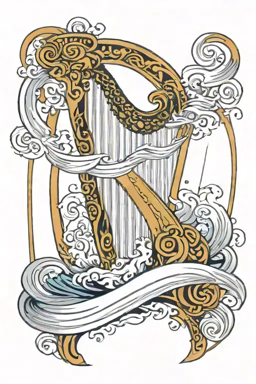 Sword through Harp in tsunami waves tattoo design idea