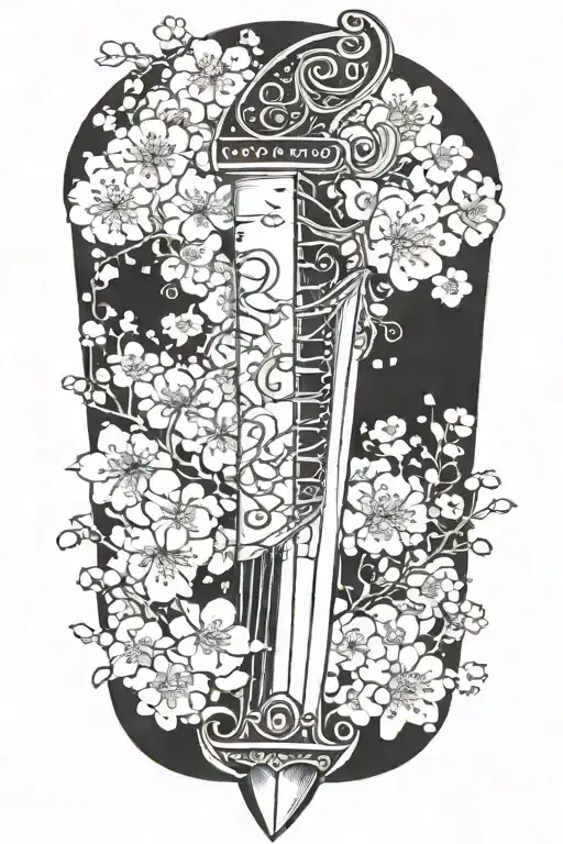 sword and harp with cherry blossoms falling tattoo design idea