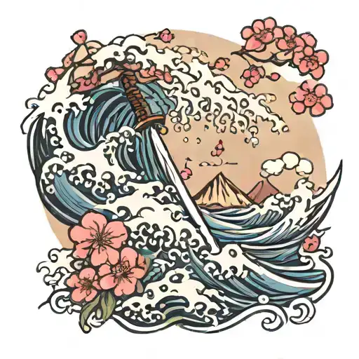 sword in front of crashing tsunami wave with cherry blossoms tattoo design idea