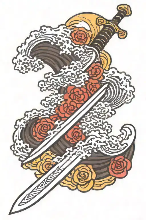 sword in front of a tsumani wave crashing with cherry blossoms tattoo design idea