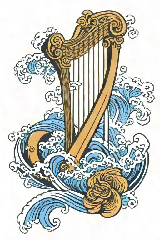 harp in front of a tsumani wave crashing tattoo design idea