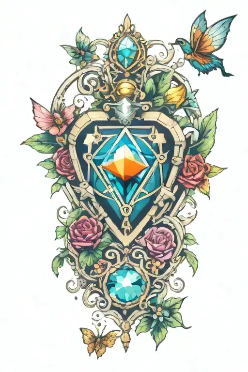 Zelda heart as gem stone surrounded by fairies tattoo design idea
