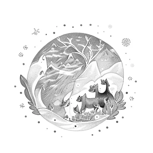 A mystical scene of a moonlit waterfall with animals and flowers surrounding it tattoo design idea