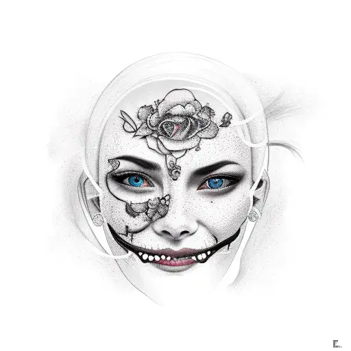 smiling mask falling off sad woman's face tattoo design idea