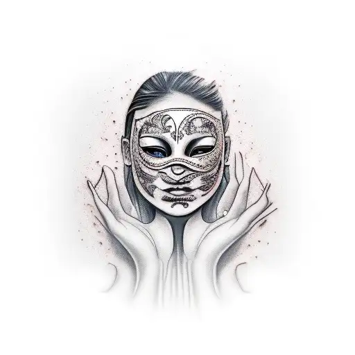 two faced woman with mask falling off one face crying the mask happy tattoo design idea