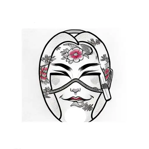 sad woman's face with smiling mask falling off tattoo design idea