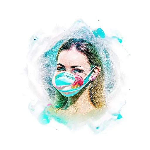 smiling woman with full face mask  falling off tattoo design idea