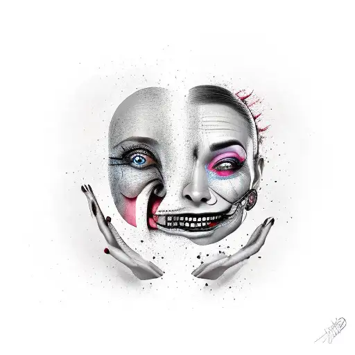 two faced woman with one face falling off one smiling the other sad tattoo design idea