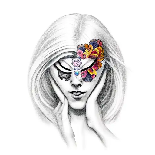sad woman covering face with happy mask tattoo design idea