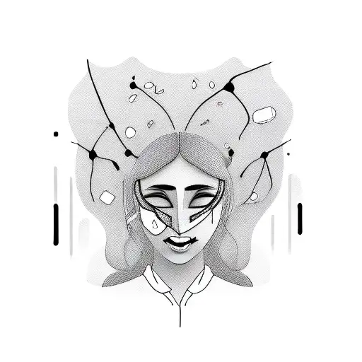 sad woman's face with smiling mask falling off tattoo design idea