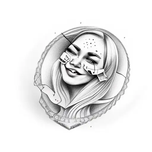 sad woman's face with smiling mask falling off tattoo design idea