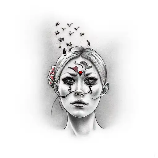 sad woman with happy mask falling off tattoo design idea