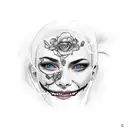 smiling mask falling off sad woman's face tattoo design idea