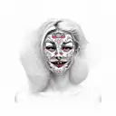 smiling mask falling off sad woman's face tattoo design idea