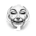 smiling mask falling off sad woman's face tattoo design idea