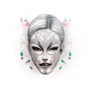 smiling mask falling off sad woman's face tattoo design idea