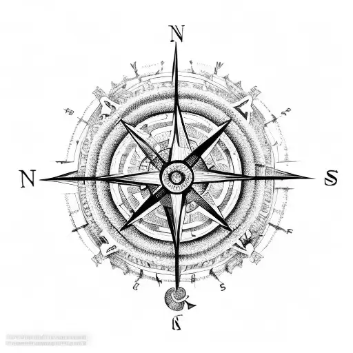 intricate compass for forearm with extending north south axis tattoo design idea