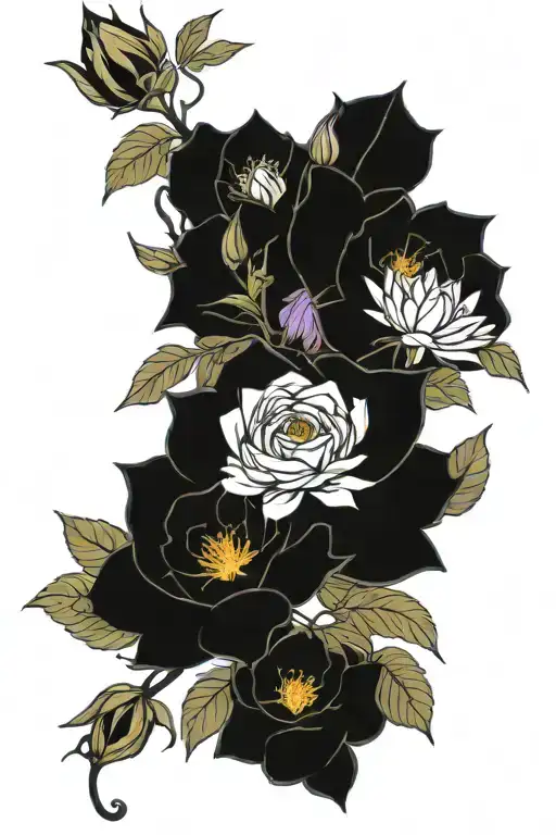 rose/honeysuckle/ larkspur/ water lily/ marigold/ cosmos flower bouquet  tattoo design idea