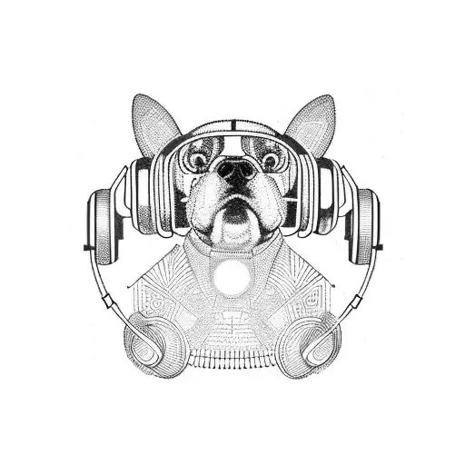 A mechanical dog with circuitry patterns and headphones, representing the fusion of technology and music tattoo design idea