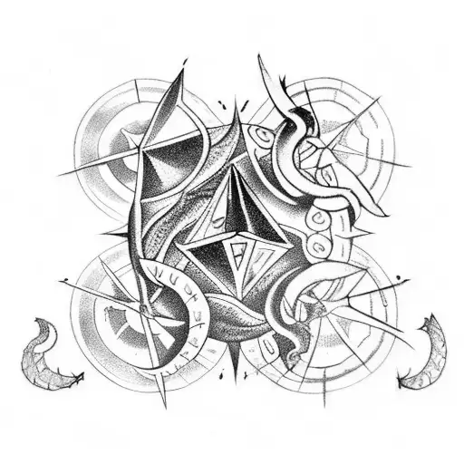 A tattoo sleeve, with a constellation, compass, dice, cards, kraken, pirate ship and pirate tattoo design idea