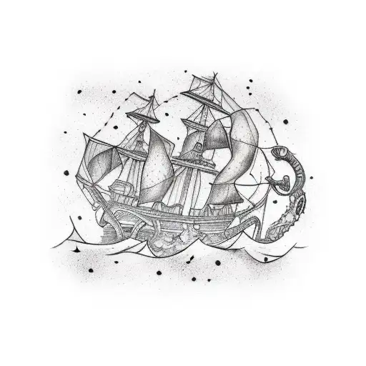 A tattoo sleeve, with a constellation, compass, dice, cards, kraken, pirate ship and pirate tattoo design idea