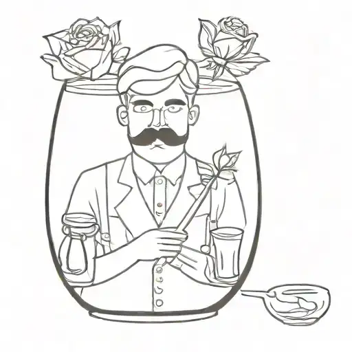 male doll with rose and mustaches glass of rakia tattoo design idea
