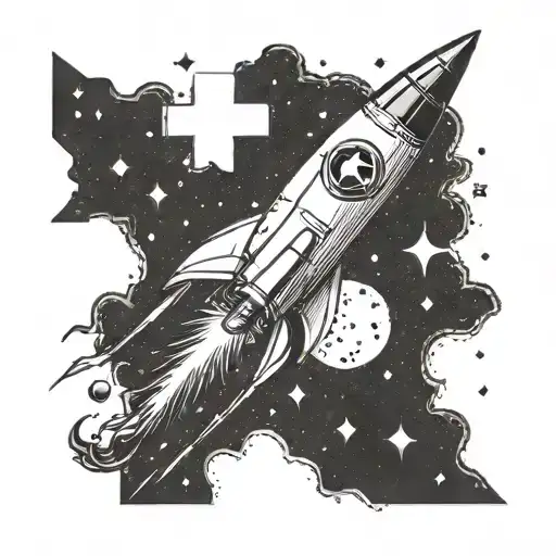 Create a dotwork tattoo of a startup rocket launching into the sky with a subtle Christian cross in the background tattoo design idea