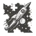 Create a dotwork tattoo of a startup rocket launching into the sky with a subtle Christian cross in the background tattoo design idea