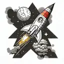 Create a dotwork tattoo of a startup rocket launching into the sky with a subtle Christian cross in the background tattoo design idea
