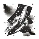Create a dotwork tattoo of a startup rocket launching into the sky with a subtle Christian cross in the background tattoo design idea