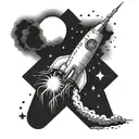 Create a dotwork tattoo of a startup rocket launching into the sky with a subtle Christian cross in the background tattoo design idea