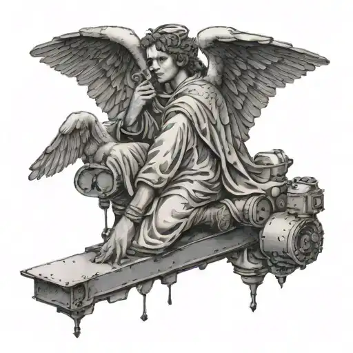 A dotwork tattoo of a guardian angel watching over a TIG welding scene tattoo design idea