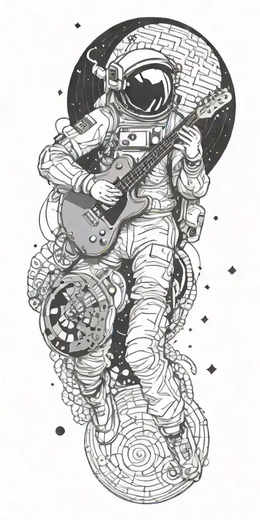 guitarist astronaut melting with psychedelic touches. geometric patterns and space with 2 planets and a black hole tattoo design idea