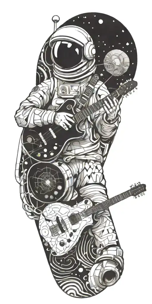 small guitarist astronaut melting with psychedelic touches. geometric patterns and space with 2 planets and a black hole tattoo design idea