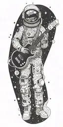 small guitarist astronaut melting with psychedelic touches. geometric patterns and space with 2 planets and a black hole tattoo design idea