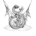 Ancient dragon guarding a treasure chest tattoo design idea