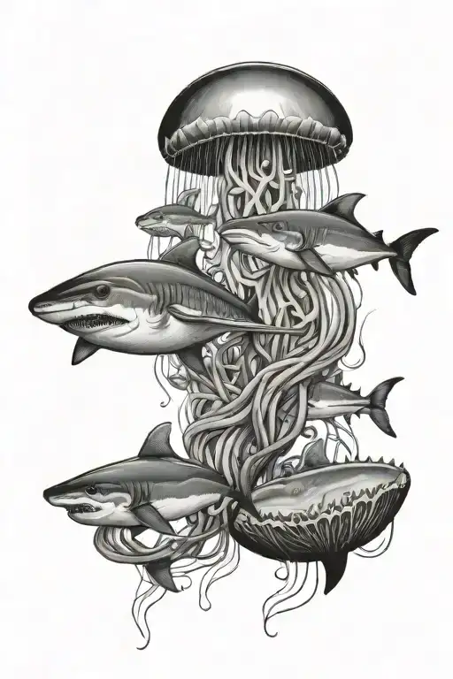 jellyfish and sharks swimming gracefully tattoo design idea