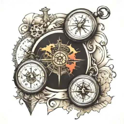 compass map and pocket watch melting tattoo design idea