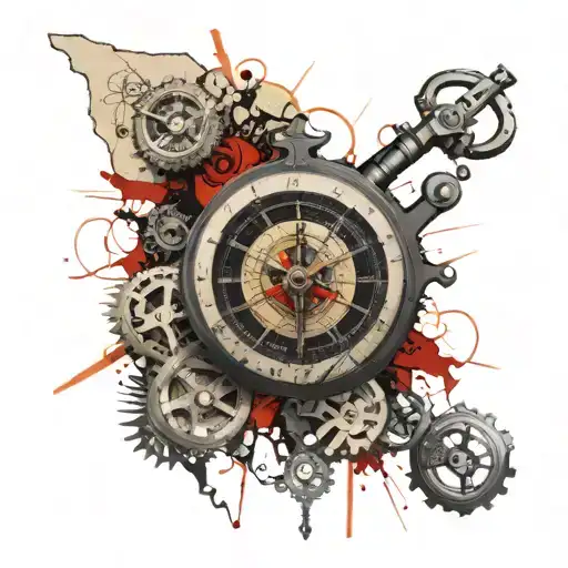 compass map and pocket watch mechanism intertwined tattoo design idea
