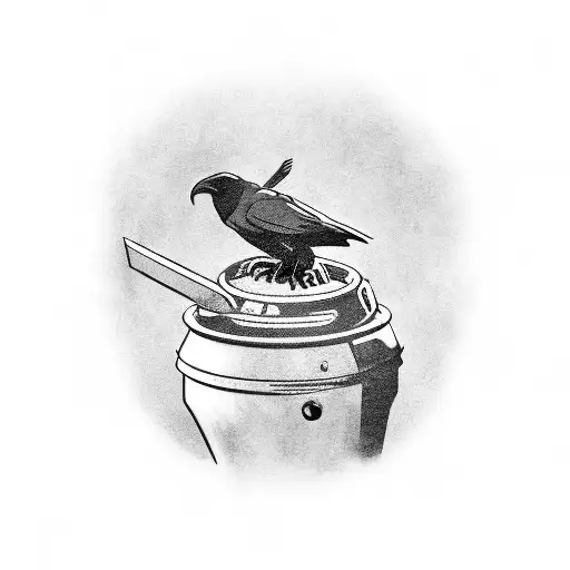 A black-grey tattoo of a fallout shelter sign, with a crow perched on top and a cooking pot inside tattoo design idea