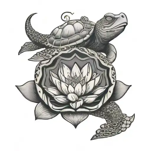 A black-grey tattoo of a lotus flower emerging from a turtle shell, symbolizing music and Hindu spirituality tattoo design idea