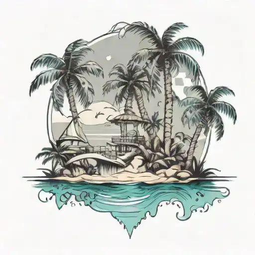 A tropical island paradise with palm trees and crystal clear waters, incorporating subtle football and music elements to reflect the client's interests tattoo design idea