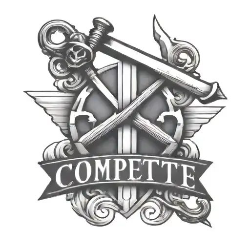 bold letters that say compete with two swords crossing to symbolize iron sharpens iron  tattoo design idea