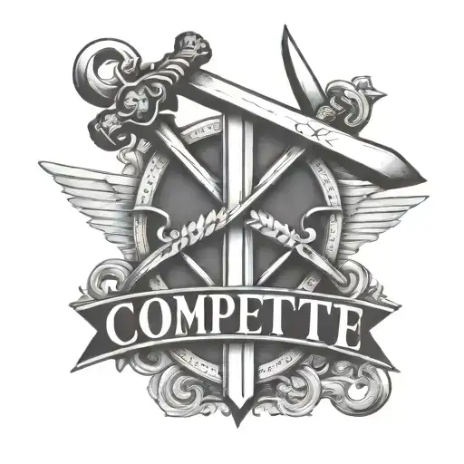 bold letters that say compete with two swords crossing to symbolize iron sharpens iron  tattoo design idea