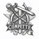 bold letters that say compete with two swords crossing to symbolize iron sharpens iron  tattoo design idea