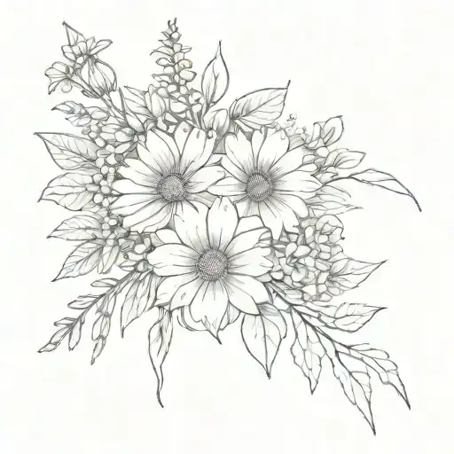 small bouquet fine line with a violet, a daisy,a rose, a larkspur, a poppy, a aster, and a chrysanthemum tattoo design idea