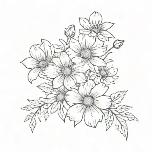 a very small bouquet fine line with a violet, a daisy,a rose, a larkspur, a poppy, a aster, and a chrysanthemum tattoo design idea