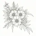 small bouquet fine line with a violet, a daisy,a rose, a larkspur, a poppy, a aster, and a chrysanthemum tattoo design idea